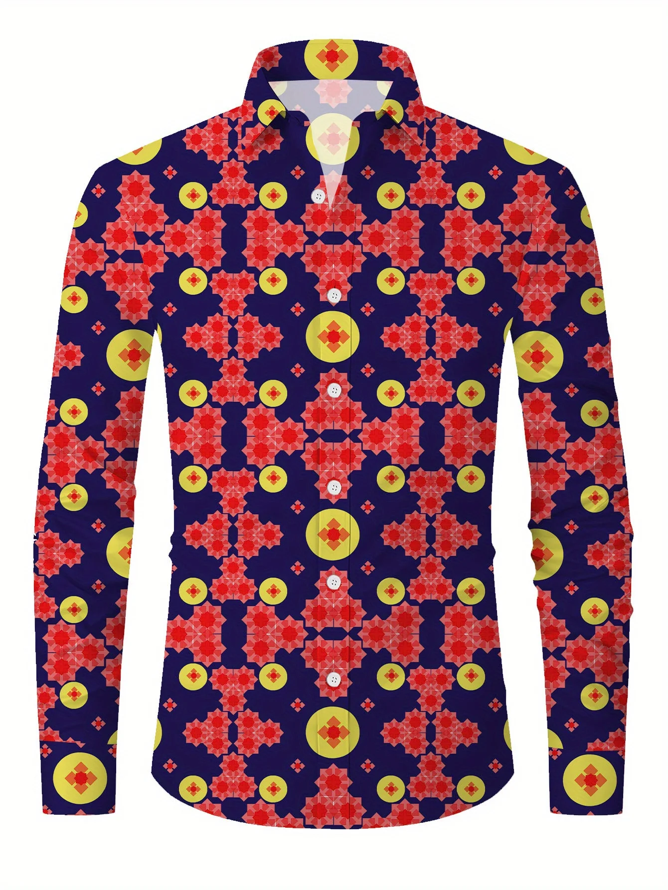 Men'S Stylish Long Sleeve Print Button-Up Shirt - Vibrant Floral & Geometric Design