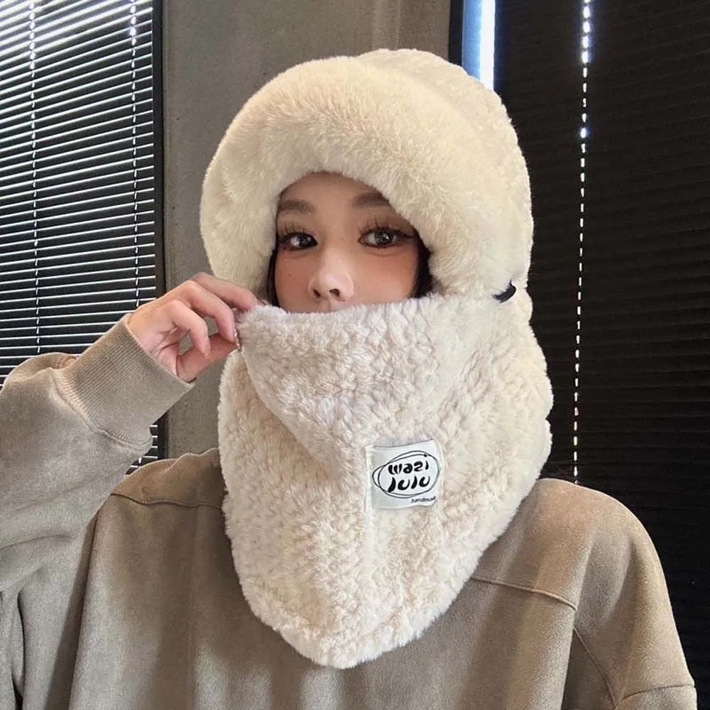

Fashion Plush Winter Integrated Scarf Cap Soft 4 in 1 Mask Woolen Hat Thickened Adjustable Pullover Mask Cap Men