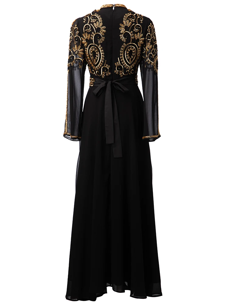 DSFACAIRIJ Vestido largo negro con cuentas para mujer, cuello levantado, manga larga, con cordones, vestido de fiesta Vintage para otoño, moda femenina