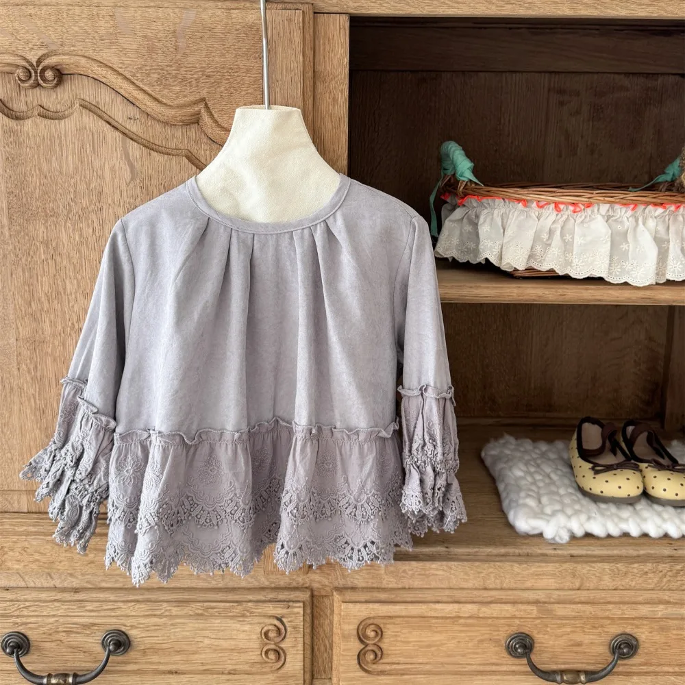 2026 Autumn Kids Girls Korean Sweatshirt, Embroidery Spliced Lace Ruffle Casual Tops For Little Girls  for 90-140cm