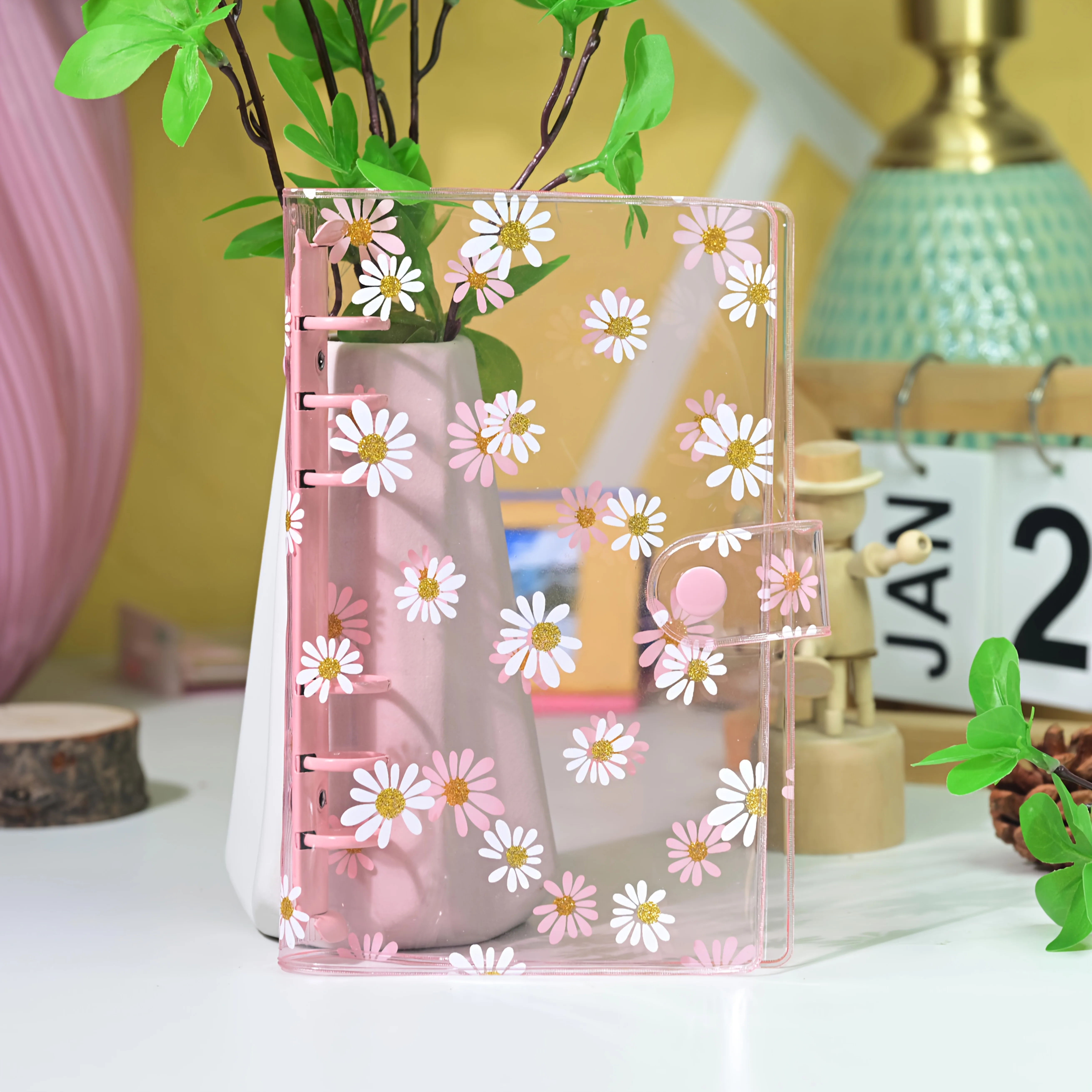 A6 6 buracos margarida colorido pasta de folhas soltas, transparente fresco capa macia transparente capa de caderno de folhas soltas