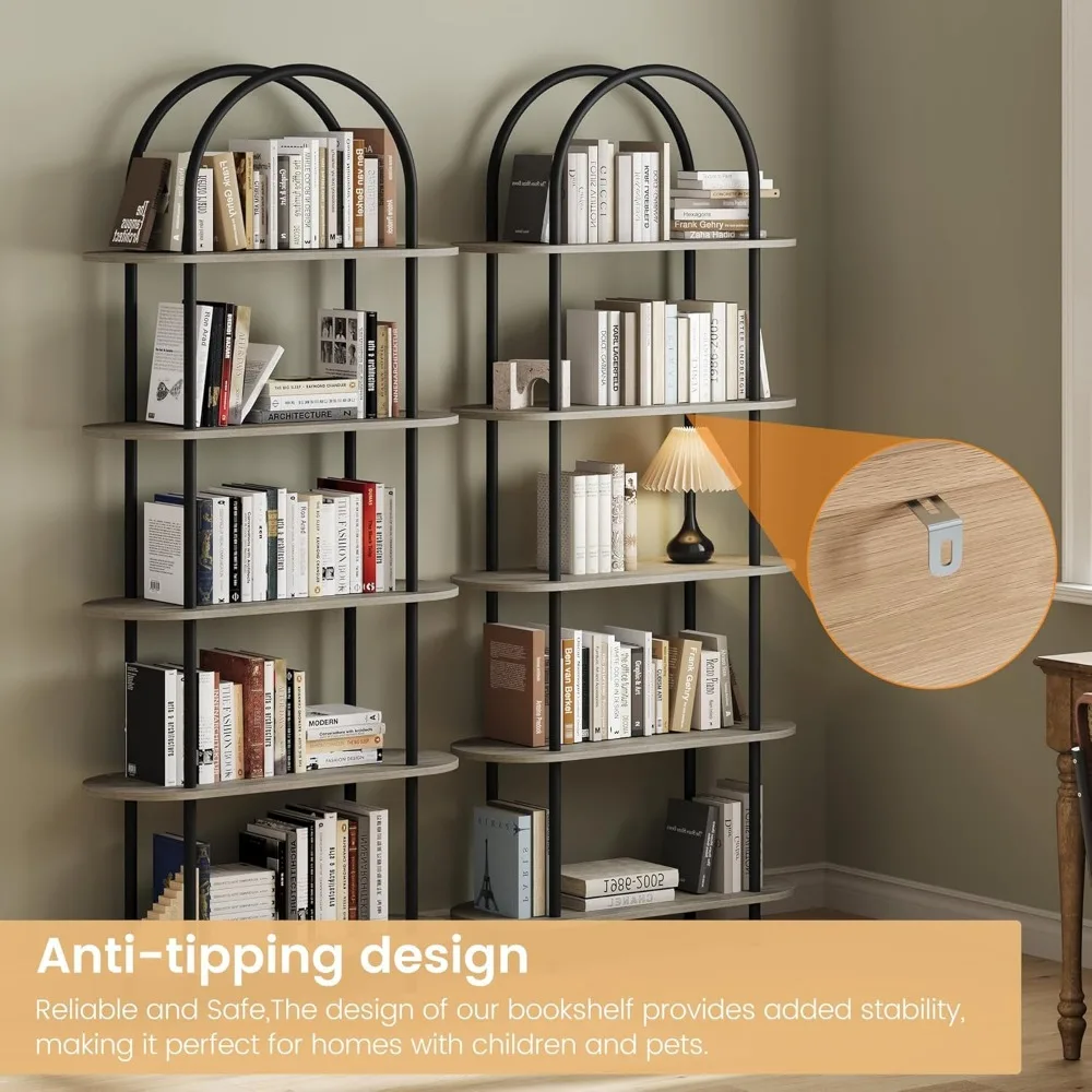 5-Tier Arched Bookshelf with Metal Frame for Home Display and Storage