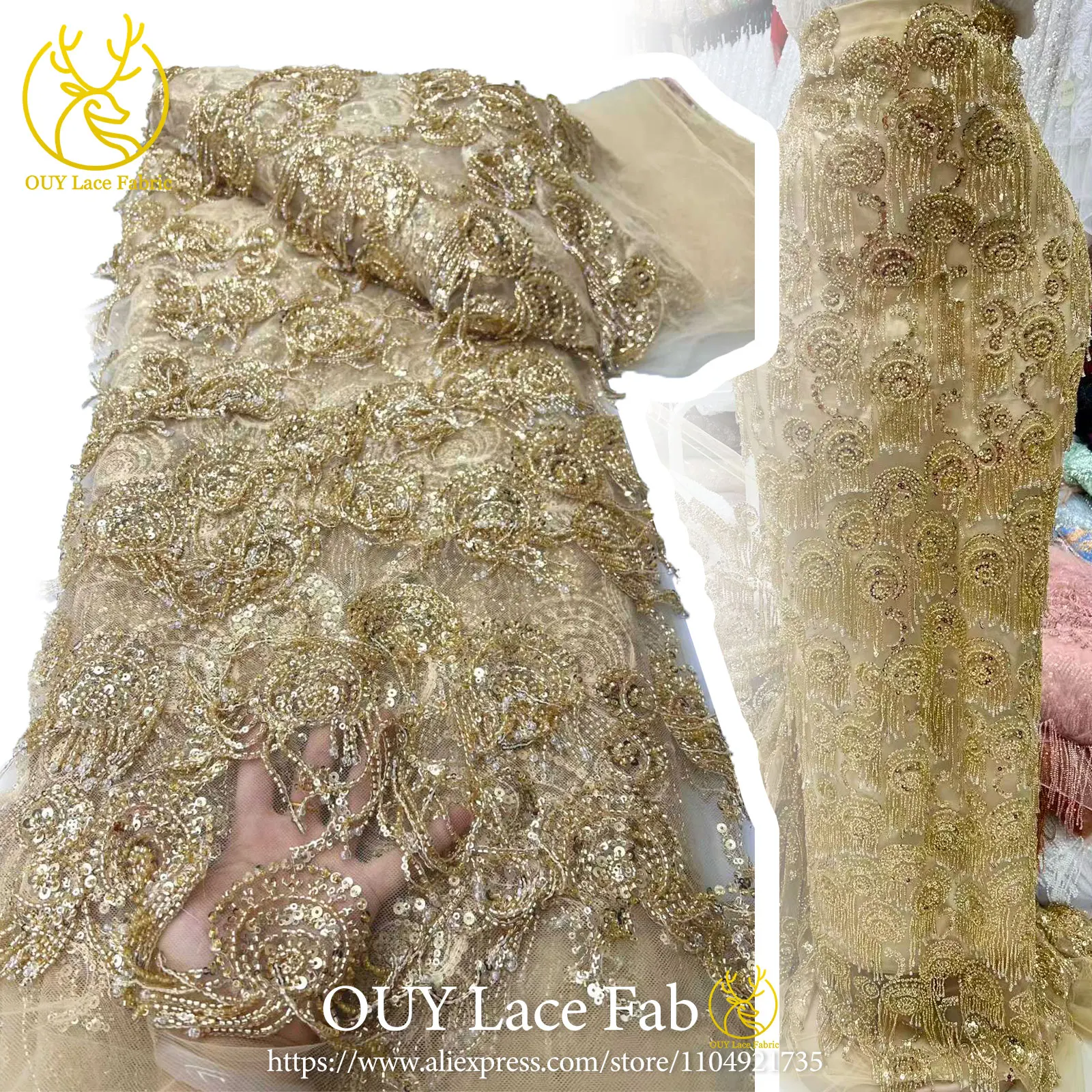 قماش دانتيل مطرز ثقيل أفريقي فاخر ذهبي ثلاثي الأبعاد 2026 قماش دانتيل ترتر فرنسي مناسب للحفلات وفساتين الزفاف المخصصة