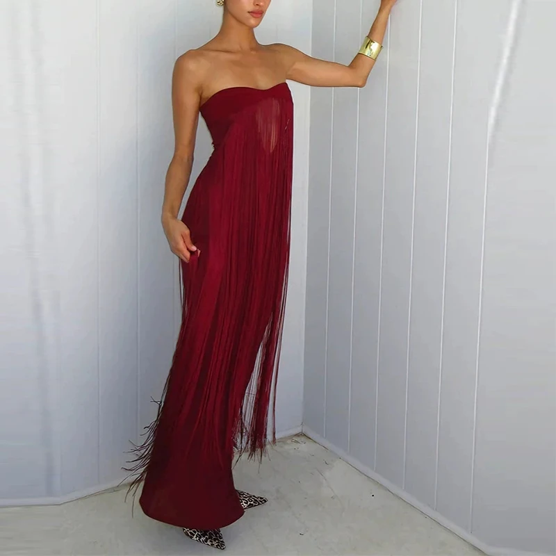 

Элегантное летнее платье с высокой талией, прямого кроя, с открытыми плечами, для отпуска, с вырезами, без рукавов, с бахромой, новинка