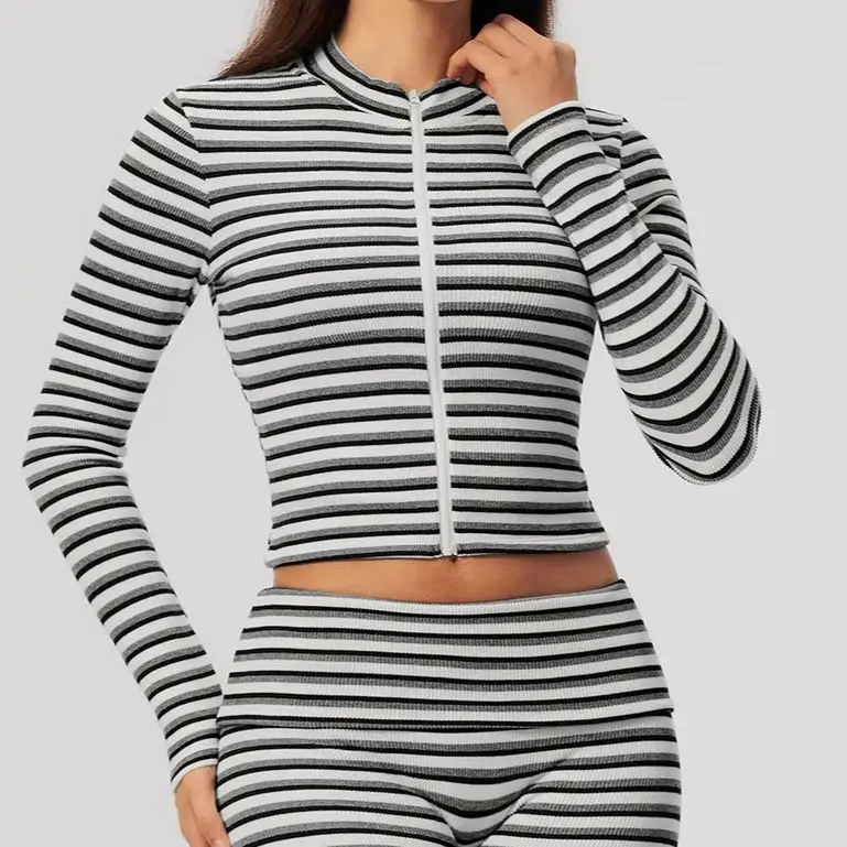 Stripes Yoga Shirts Women Breathable Gym Fitness Long Sleeve Running Jacket Female Workout High Elastic Sport Training Crop Tops