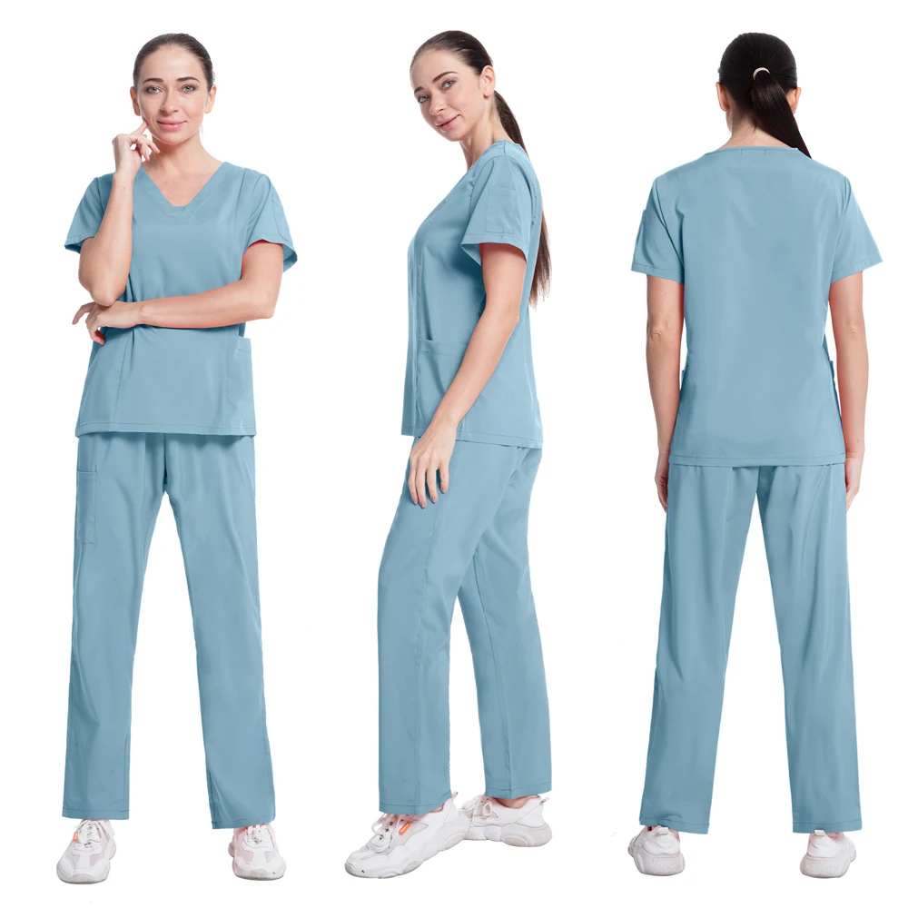 Solid Color Unisex Surgical Gown Pocket V-neck Scrubs Set for Women Joggers Wholesale Scrub Suit Hospital Uniform Nurse Workwear