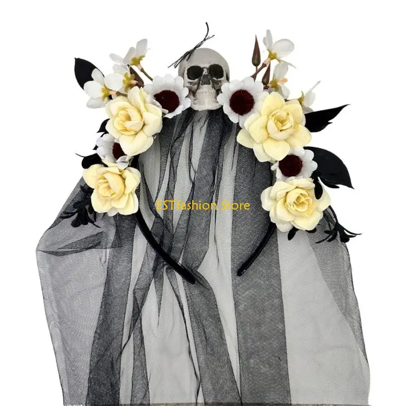 Y5GC Halloween Witch Hairband Cosplay Skull Flower Hair Styling Accessory For Adult