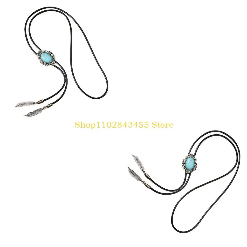 49MC Men's Faux Leather Rope Bolo Tie Western Cowboy Necktie Vintage Turquoises Jewelry Feather Pendant Western Necklace