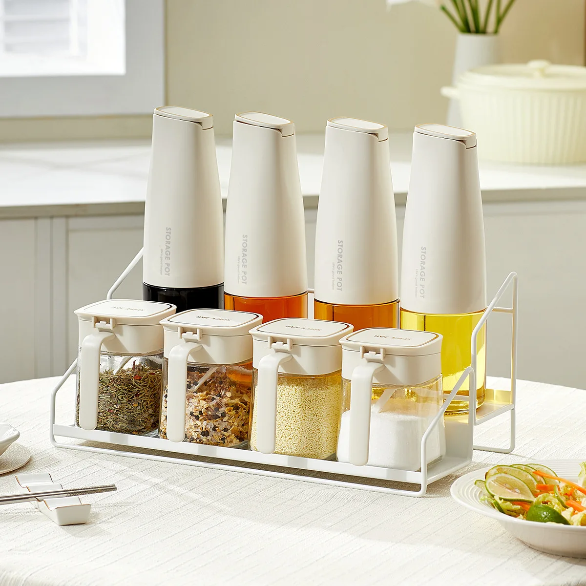 kitchen-storage-rack-glass-metal-spices-jar-holder-countertop-organizer-oil-bottle-set-combination-spice-rack-cooking-utensils