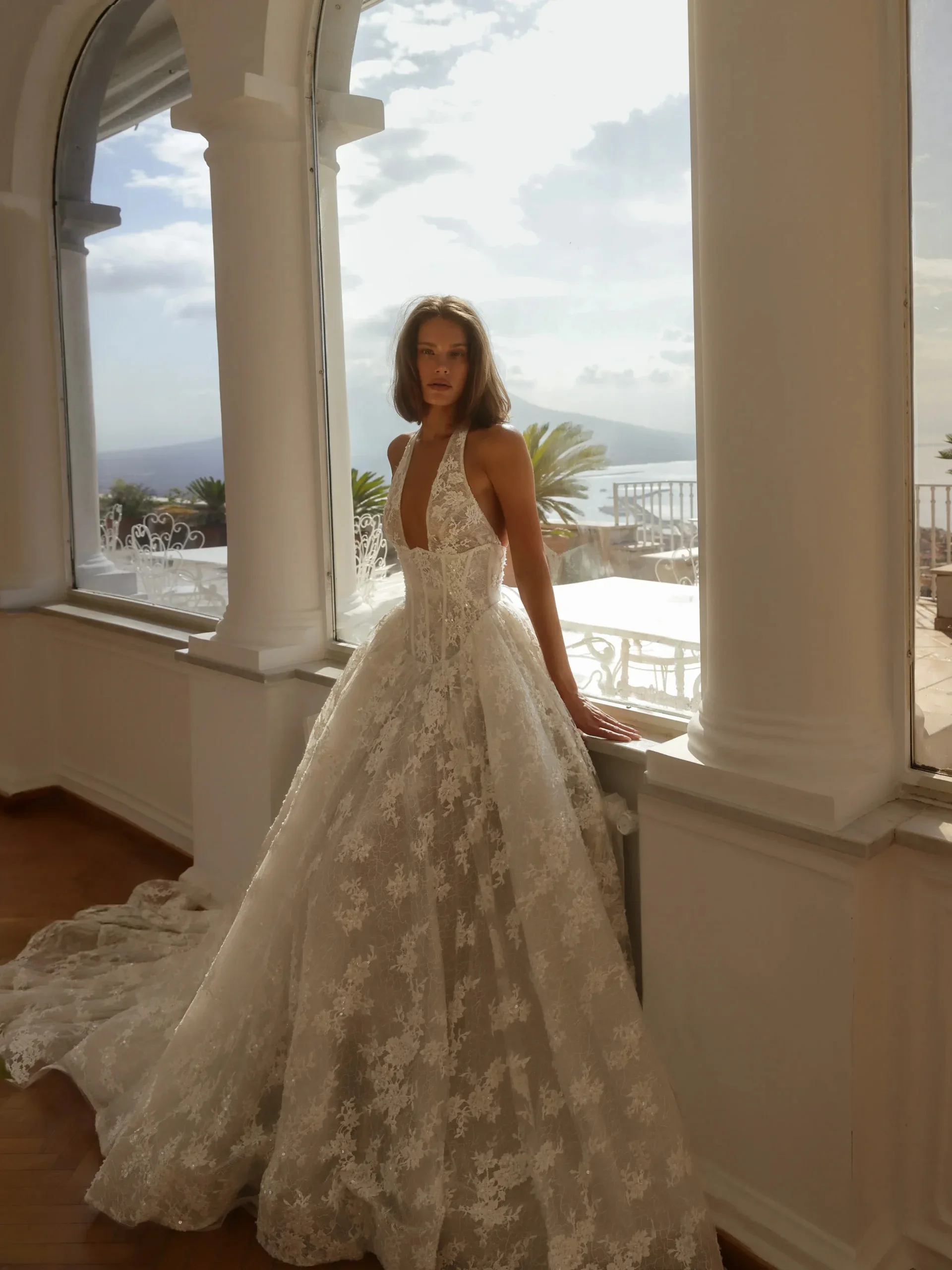 Sharon Said Luxury Halter Lace Deep V Neck Wedding Dress Sleeveless Backless vestidos de novia Women Bride Dress SW185 Custom