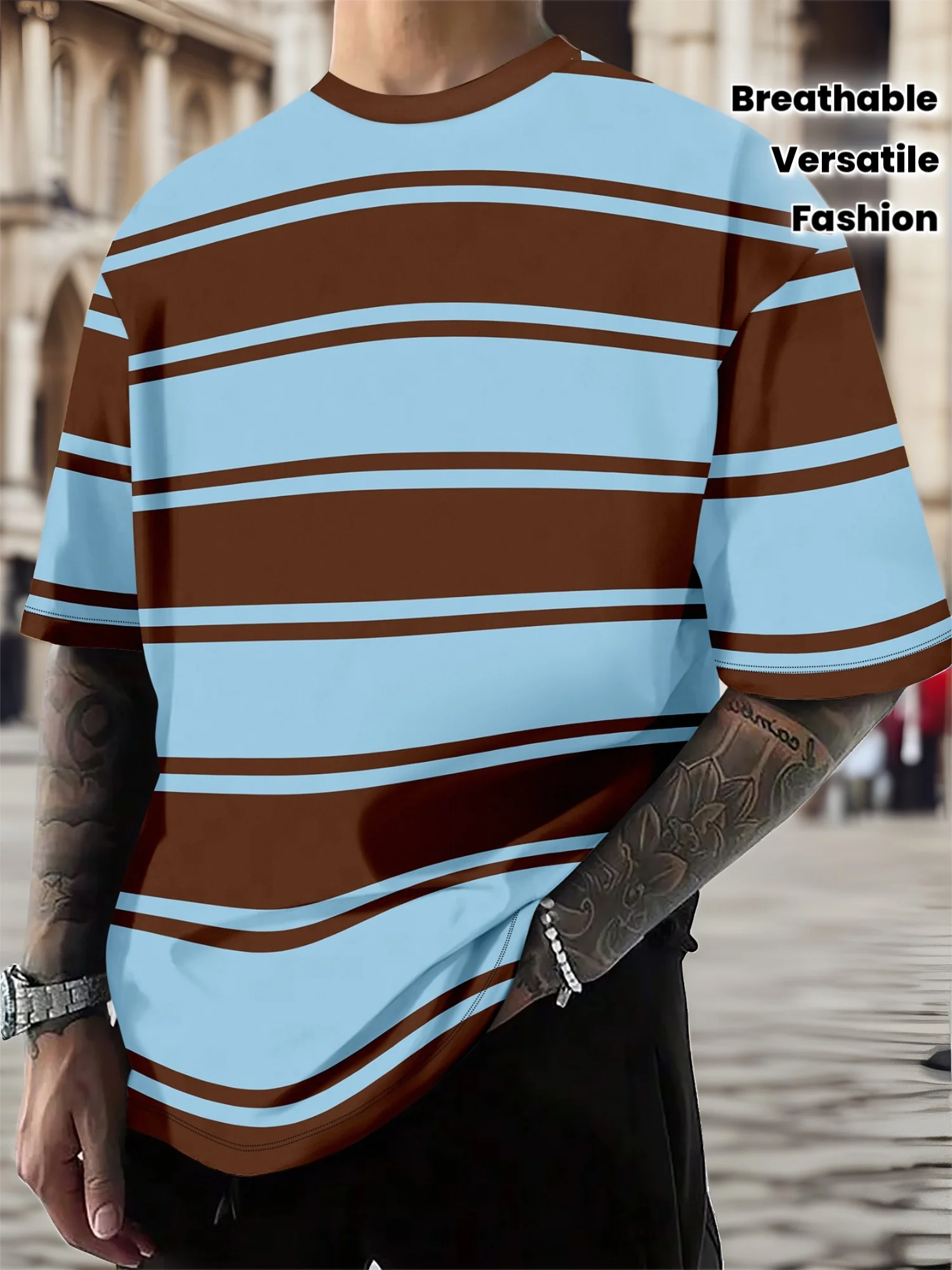 Men Mesh Sports T‑Shirt Brown Light Blue Wide Horizontal Stripe O‑Neck Short Sleeve Summer Oversized Breathable Casual Top