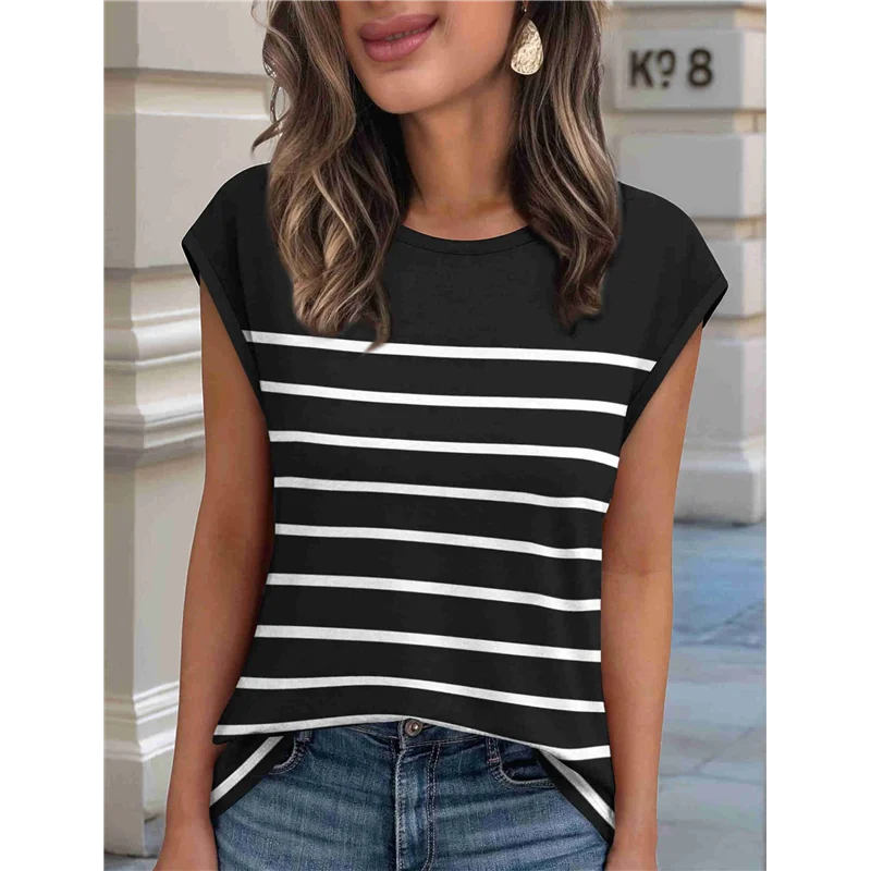 ABRT-여성 탑 드레시 캐주얼 여름 스트라이프 셔츠 캡 슬리브 탑 컬러 블록 루즈핏