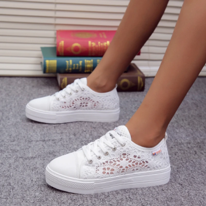 New Fashion Women Shoes Fashion Summer Casual White Shoes Cutouts Lace Hollow Breathable Platform Flat Shoes Woman Sneakers