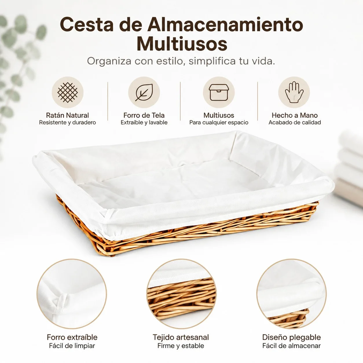 Panier rectangulaire en osier tressé à la main 45×34×8 cm avec doublure en tissu amovible, plateau organisateur polyvalent pour articles de salle de bain, de garde-manger et de chambre