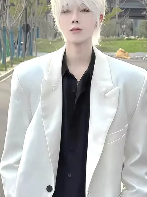 

Белый мужской повседневный пиджак с отложным воротником, однобортный, приталенный, для отдыха, молодежный тренд, осенний, с длинным рукавом