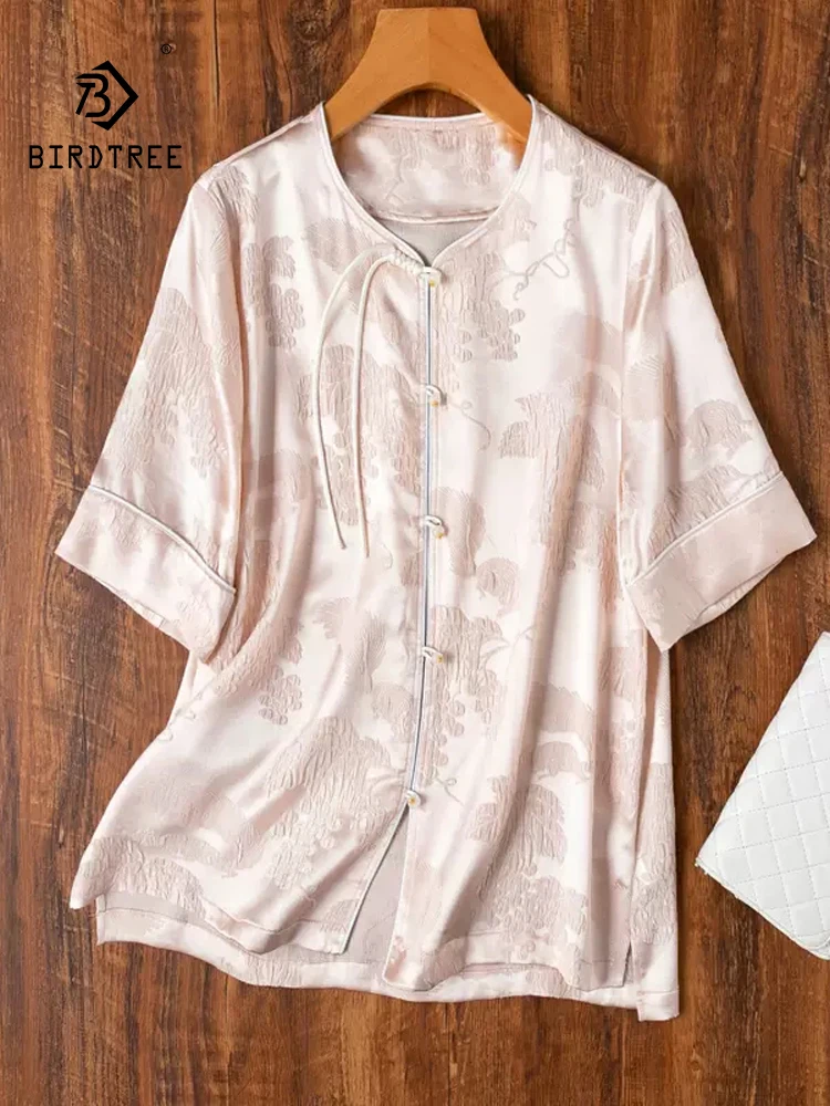 

BirdTree, 93%Real Silk Elegant Shirt, Women Short Sleeve O Neck Jacquard, Retro Commute Chinese Blouse, 2024 Summer T45928QC