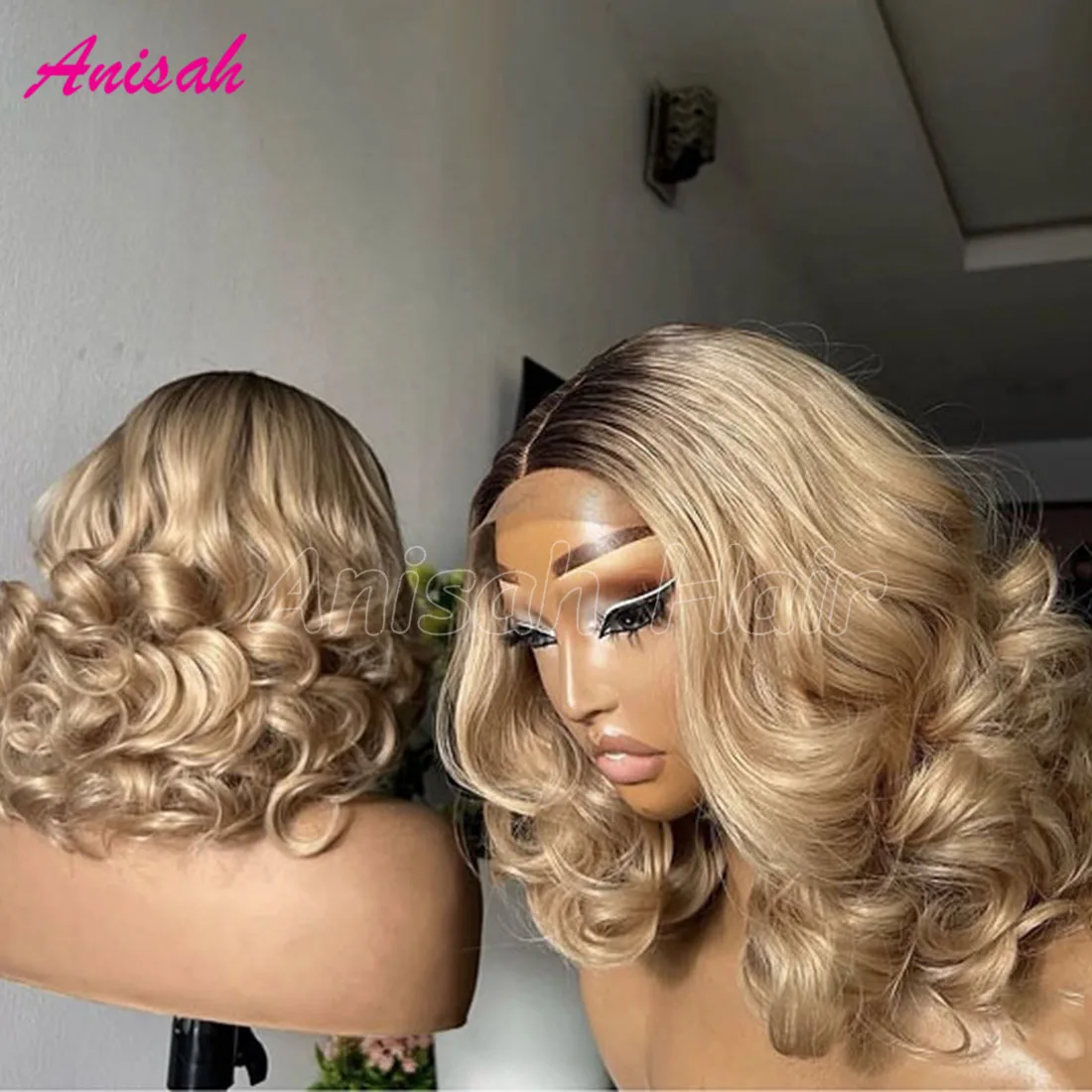 Human Hair Ombre Blonde Short Bob Loose Curly Wig 13×4  Lace Front Wig Brown Dark Root Pre Plucked For Black Women