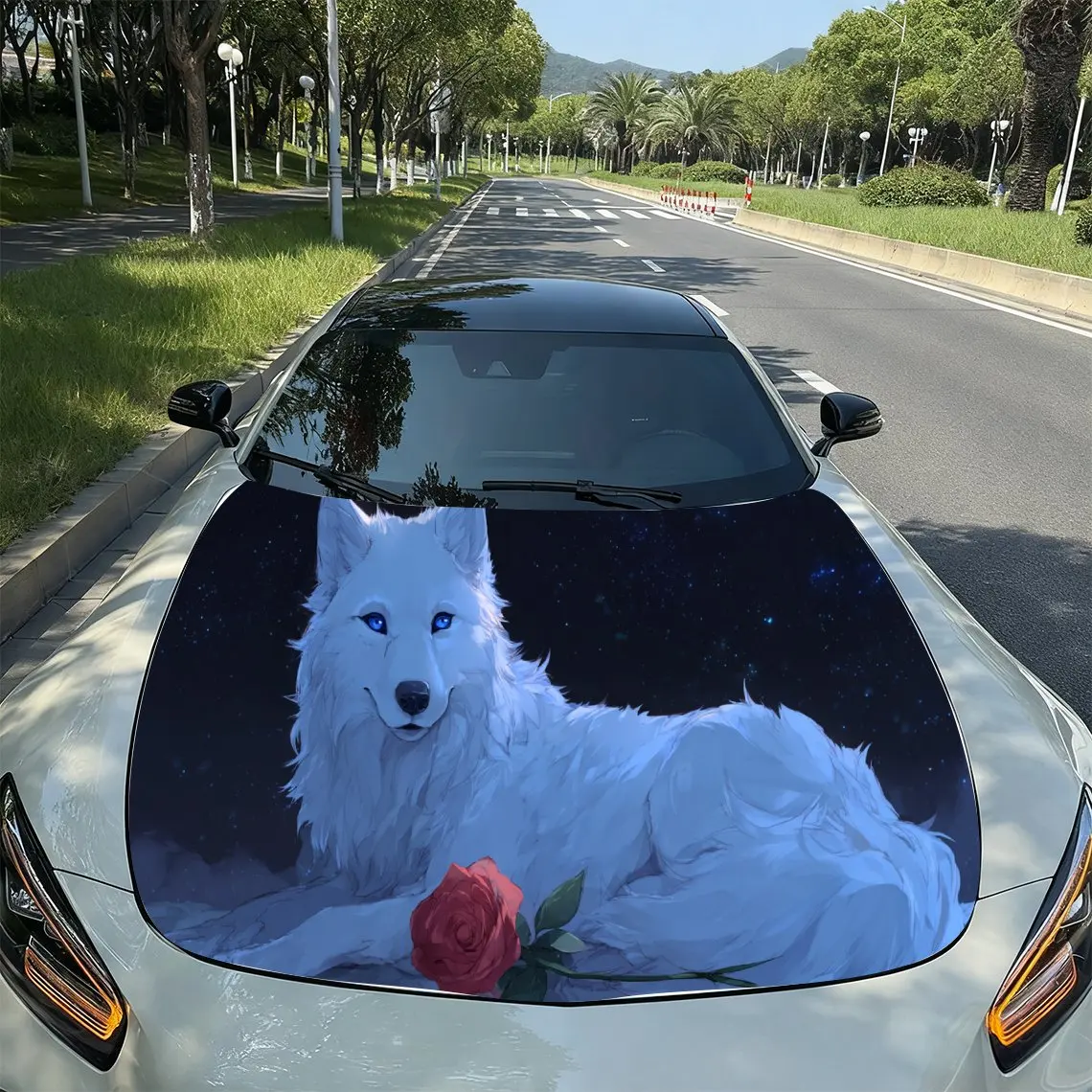 Starry White Wolf Red Rose Fantasy PVC Car Hood Wraps, Self-Adhesive Waterproof Car Bonnet Decal Sticker, Car Decoration Protect