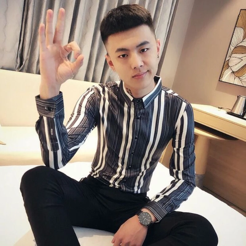 

​ Мужская дизайнерская полосатая рубашка с длинным рукавом, приталенная, осенняя, в корейском стиле, для барберов, премиум-качество ​