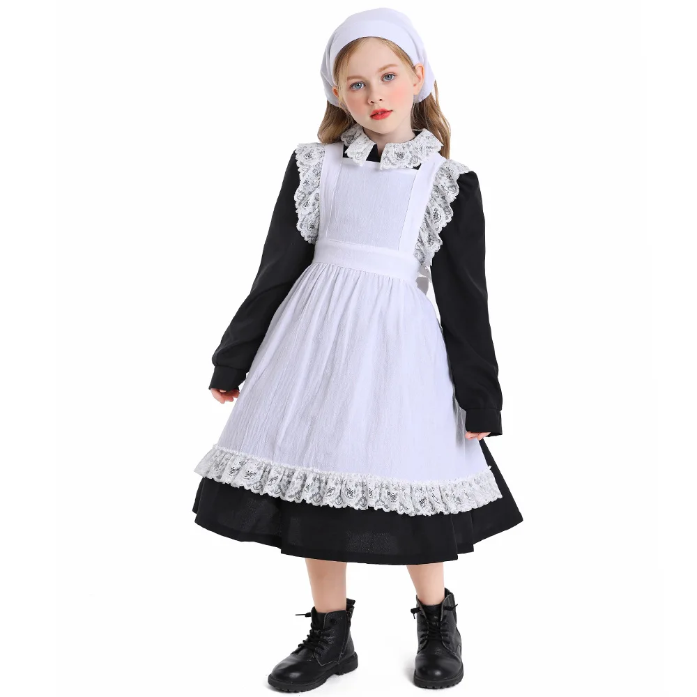 Costume Lolita en dentelle noire et blanche pour enfants, fête d'Halloween pour filles, performance sur scène, femme de chambre de ferme, vêtements trempés, d'échantillons ans