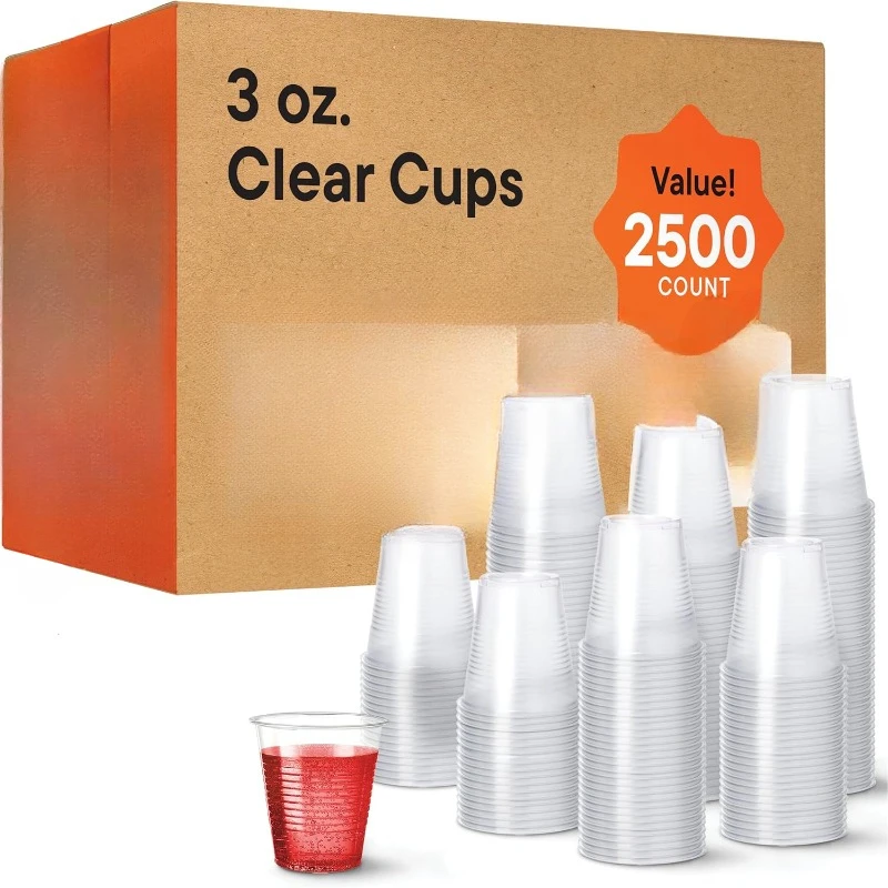 Case of 2,500 – 3 oz. Disposable Clear Plastic Cups, 100 Count Packages (25/100)