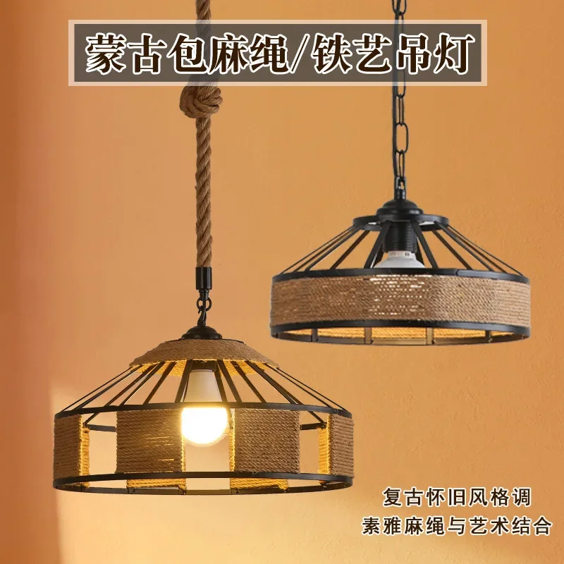 

Vintage Hemp Rope Pendant Light Industrial Wind LED Hanging Lamp Creative Edison Bulb Dia 30cm Restaurant Home Decor Lighting