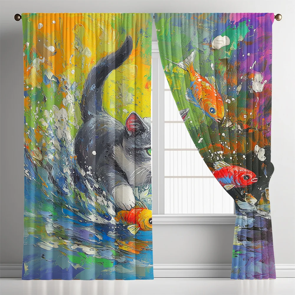 2pcs Colorful Cat Koi Fish Print Curtains Rod Pocket Modern Art Home Decor for Kitchen Cafe Living Room Balcony Garden
