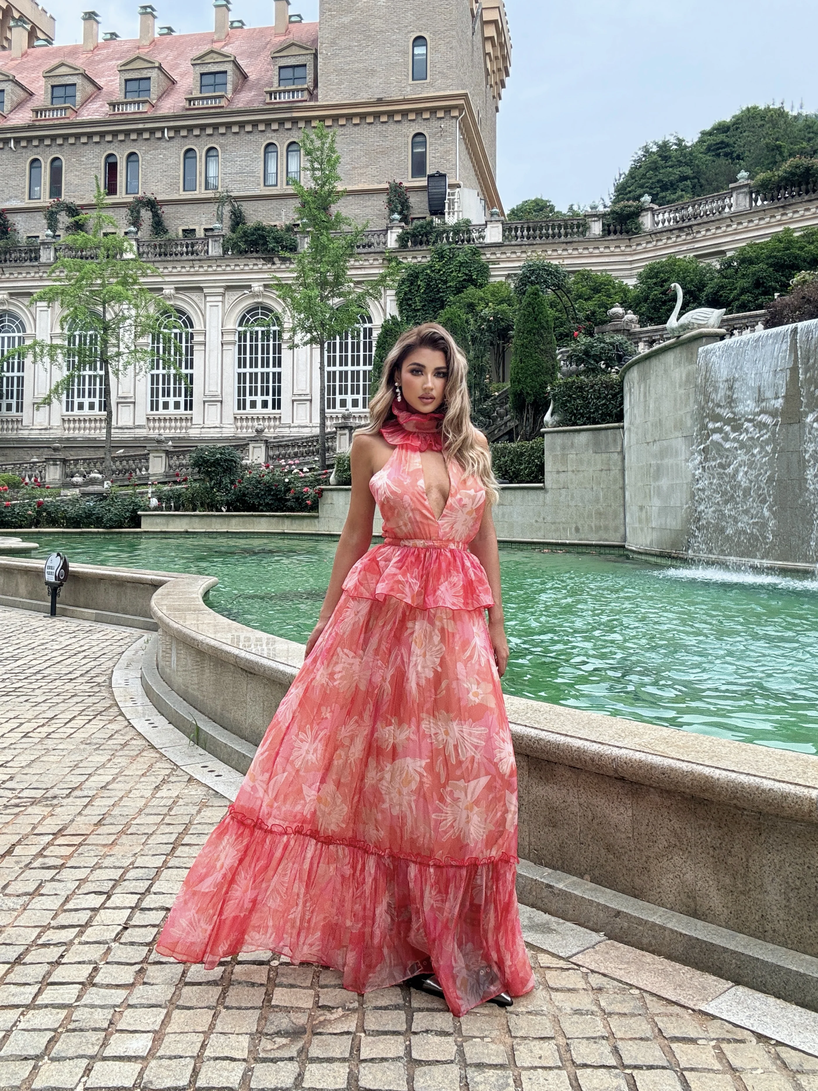 

Pink 3D Floral High Neck Deep V Off-Shoulder Backless Ball Gown Mesh Maxi Dress - Statement Piece