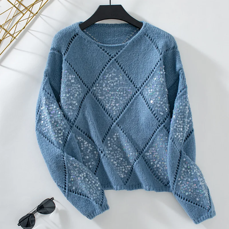 Fashion hollow sequin knitted sweater for women, autumn and winter new item, European and American cross-border diamond grid pul