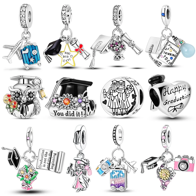 Graduation Mortarboard Silver Charms Beads Fit Original Bracelet Bag Keychain Earring Charm Bead Pendant Diy Women Jewelry Gift