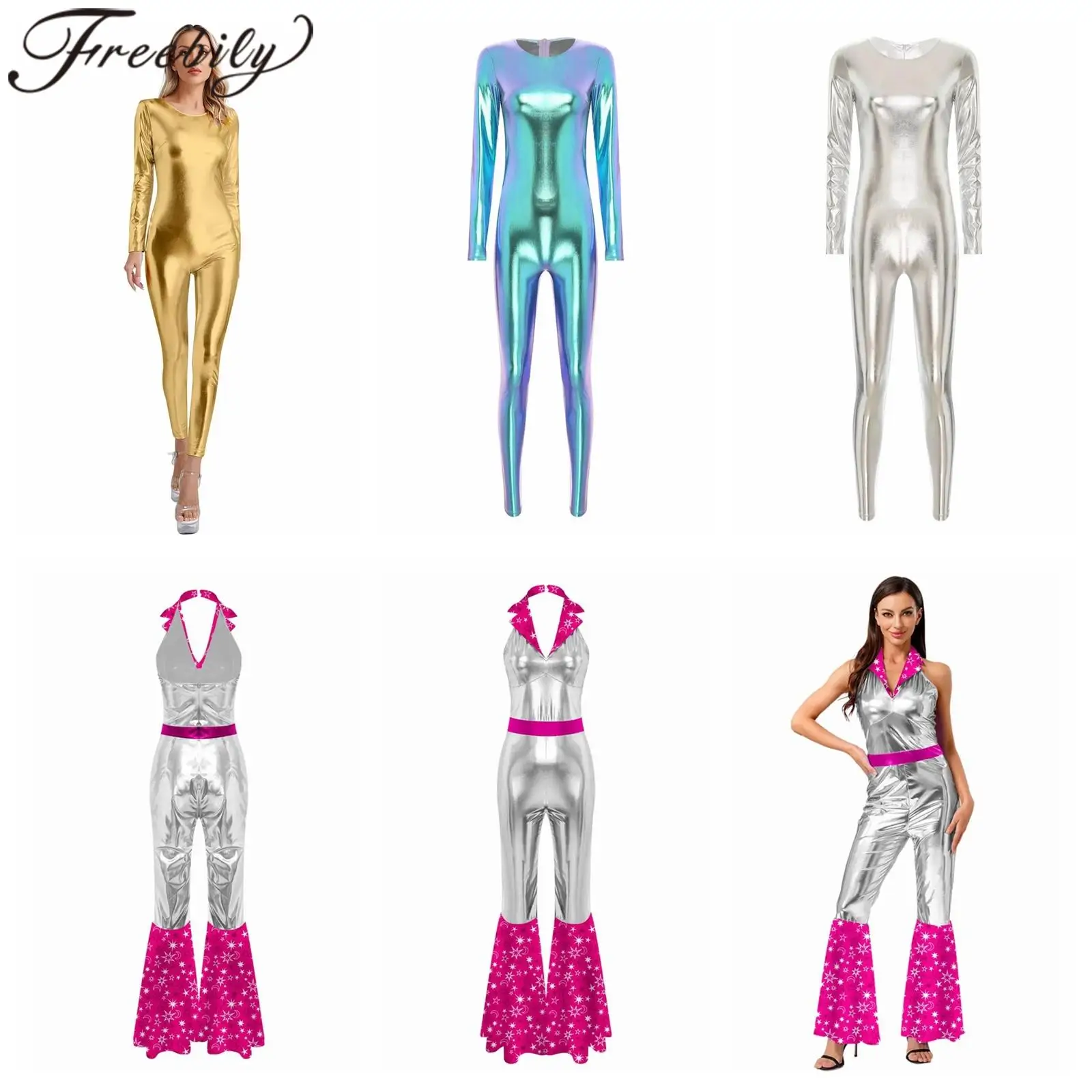 

Lady Shiny Jumpsuits Fashion Women's Jumpsuit Metallic Slim Fit Full Body Bodysuit Clubwear 60s 70s Festival Disco Costumes
