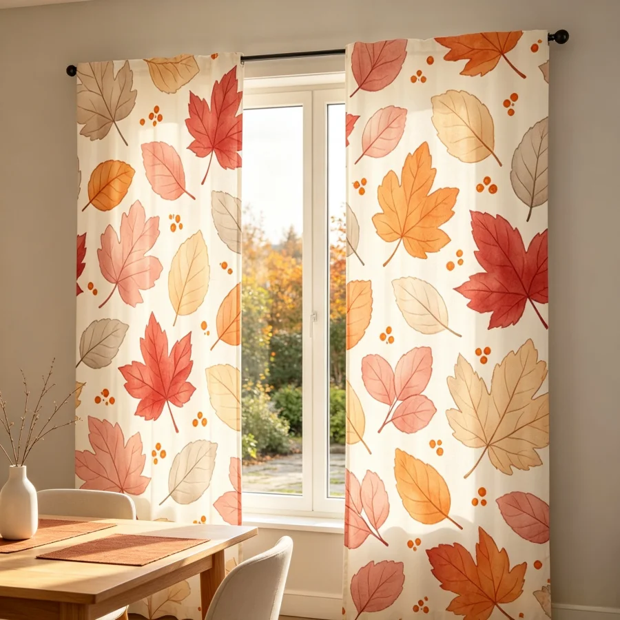 2PCS Digital Print Curtain, Colorful Maple Leaves with Berries, Autumn Harvest Rustic Style for Living Room Bedroom Decor