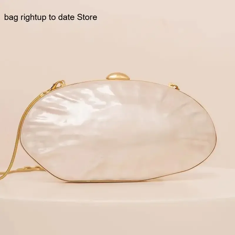 Simple and Elegant Oval Evening Shoulder Handheld Bag for Women Luxury Shell Clutch with Acrylic Pearl Frame