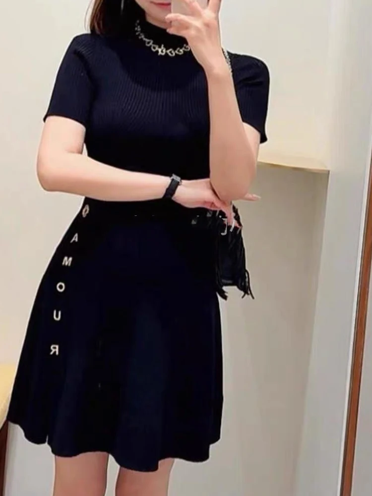 Haut de gamme ort Slim Fit Bla Dr avec lettre latérale bleu Faionable français Sle tricoté Dr pour les femmes Ci Commute