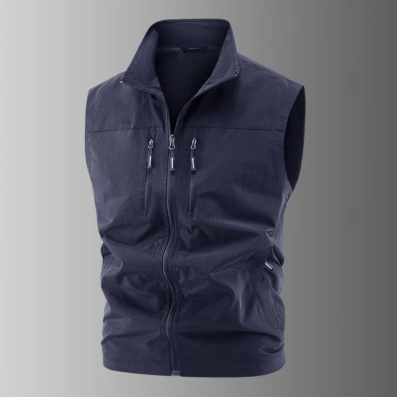 KIDWHXR Man Vest Simple Solid Stand Collar Zipper Men Casual Waistcoat Loose Sleeveless Breathable Outdoor Sport Male Vest