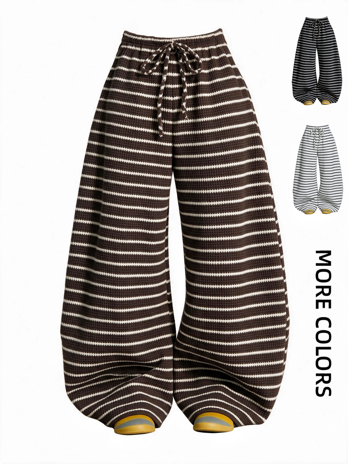 Women Fall Winter Striped Texture Wide Leg Sweatpants Drawstring Elastic Waist Loose Straight Pants