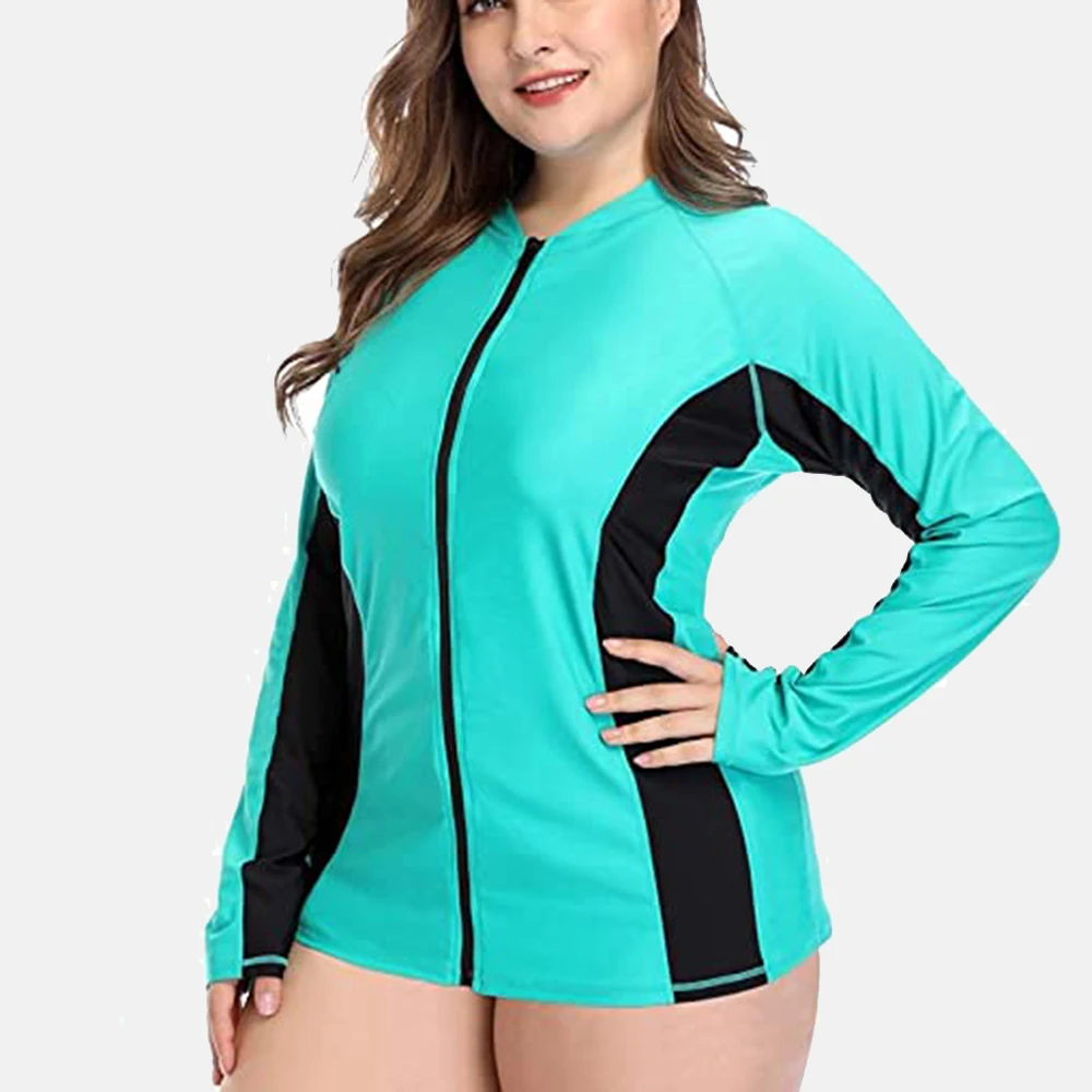 Charmleaks Women‘s Long Sleeve Rashguard Plus Size Zipper Swimsuit Shirts UPF50+ UV-Protection Rash Guard Top Colorblock