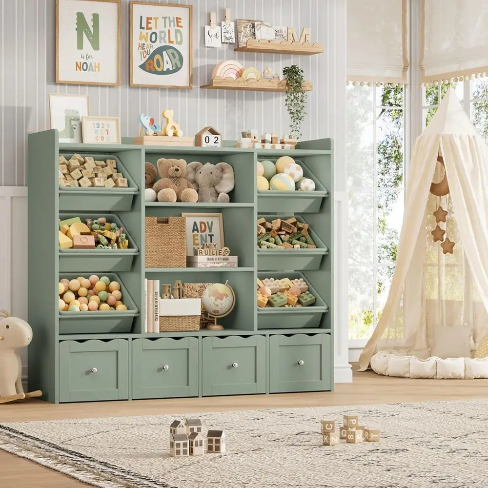 

55 Large Toy Storage Organizer with 3 Cubes, Bookshelf, 6 Bins, and 4 Drawers for Kids' Playroom in Green
