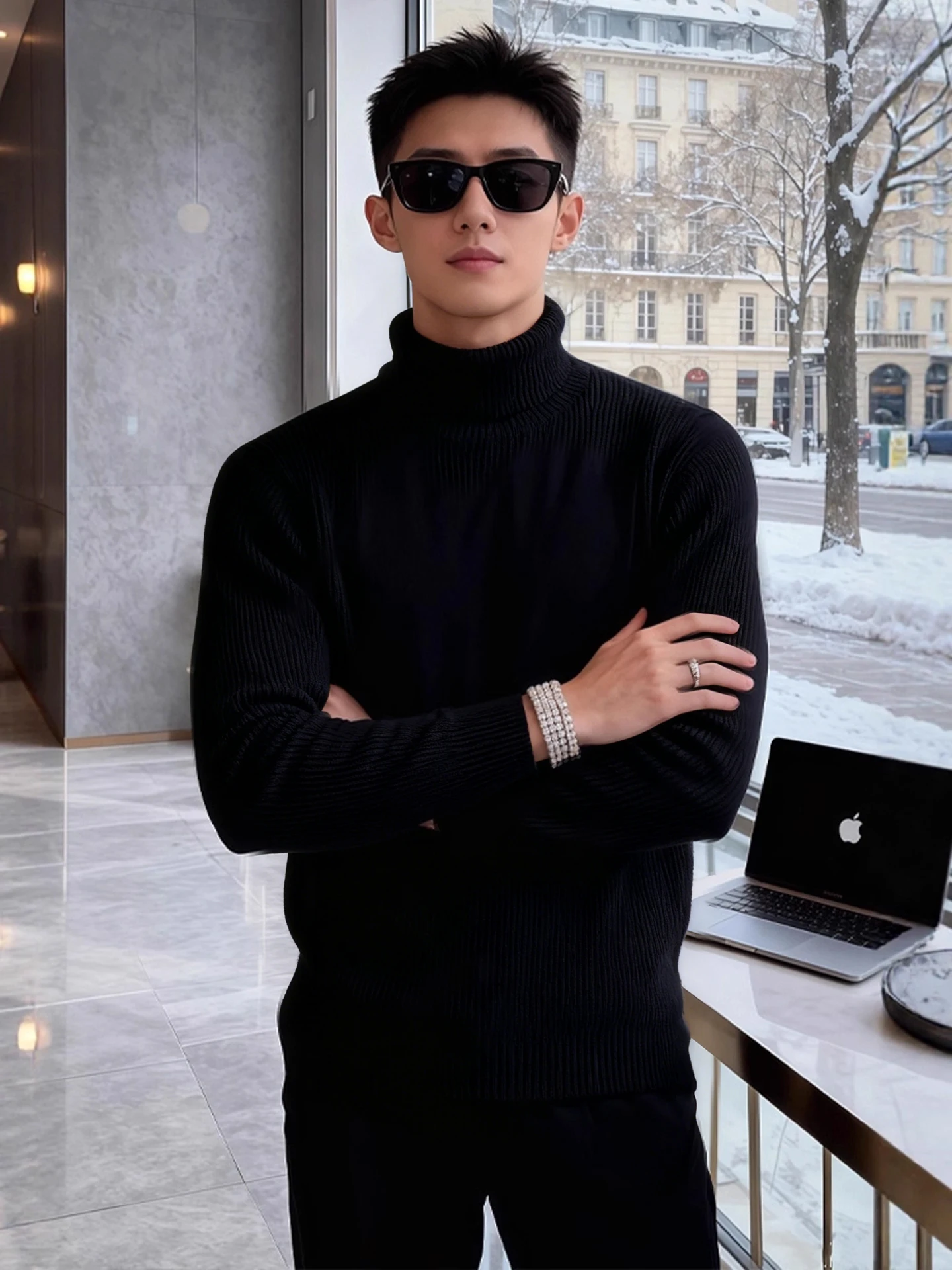 

Мужской свитер в британском стиле с высоким воротником, на флисовой подкладке, утолщенный, вязаный, черный, зимний, для создания элегантного образа, базовый слой