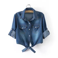 Chaqueta vaquera de manga corta rizada para mujer, camisa delgada con nudo, chal, prendas de vestir exteriores, Tops cortos informales, moda femenina, primavera y verano, 6xl