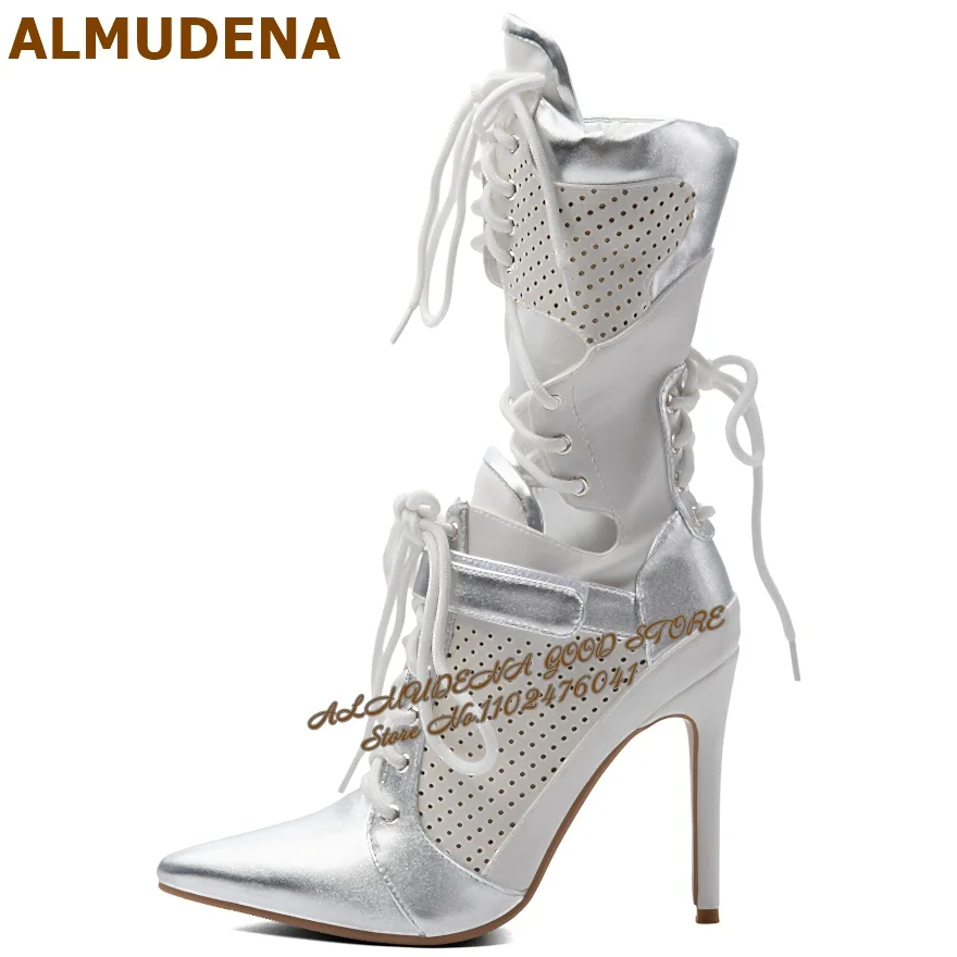 ALMUDENA Silver Padded Collar Mid-Calf Sandal Boots Stiletto Heels White Small Hole Lace-Up Cool Boots Pointed Toe Splited Shoes