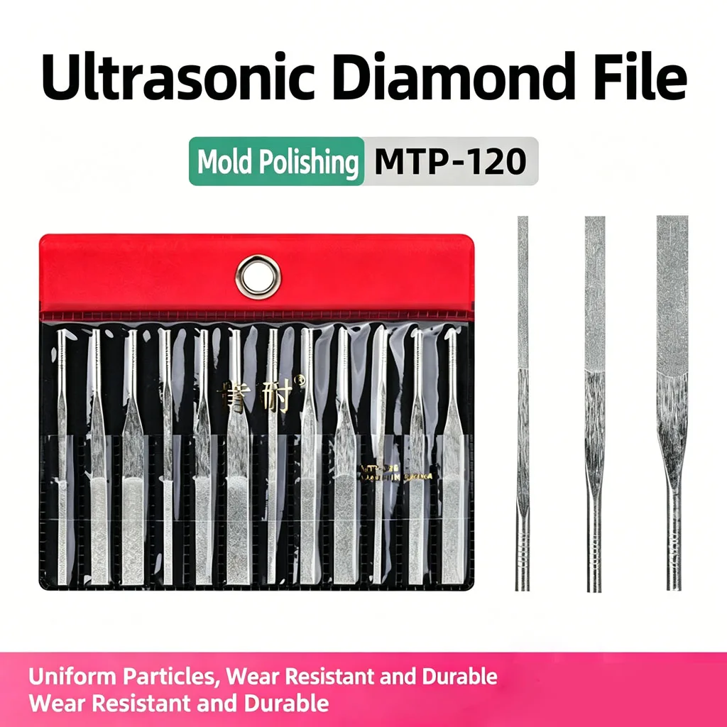 Ultrasonic Diamond File Set MTP-120, Flat Head Polishing Files for Mold Finishing, Alloy Deburring & Pneumatic Grinding Tools