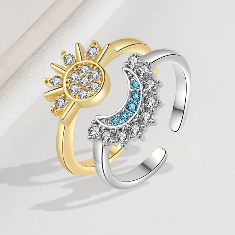 Fashion Star Moon Daily Wear Jewelry Stackable Rings Blue Sparkling Moon Sun Adjustable Ring for Women Engagement Jewelry Gift