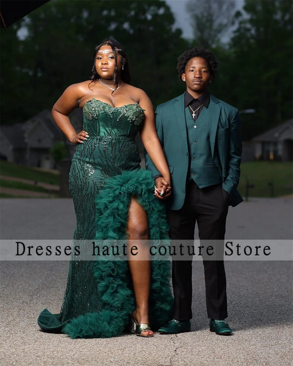 Emerald Green Beaded Mermaid Prom Dress For Black Girls 2025 Sequin High Slit Ruffles Wedding Party Gowns Plus Size Customized