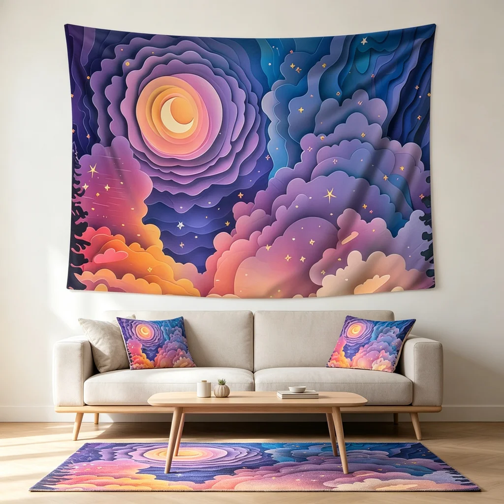 1PC Paper Art Moon Cloud Art Print Backdrop Banner, Bedroom Living Room Photo Background, Polyester, Home Decor, Wall Art