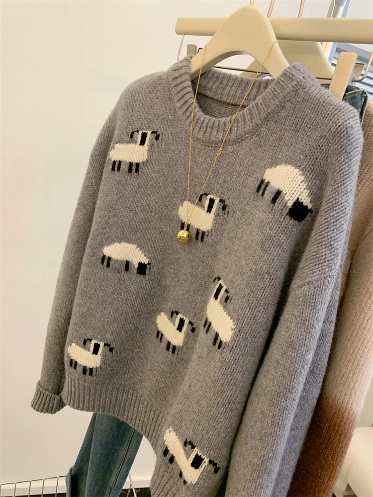 Korean Fashion Sweet Casual Knitting Long Sleeve Pullovers Women Autumn Winter Y2K Jumpers Animal Print Round Neck Retro Sweater