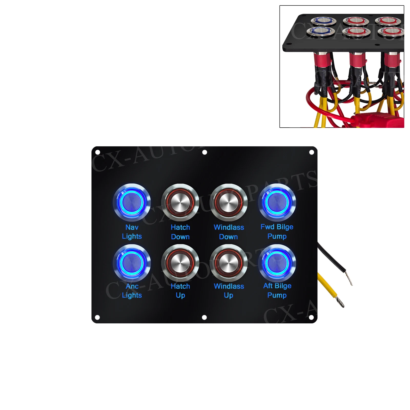 

8-Way Boat Switch Panel Waterproof Push Button Latching Momentary Switch for Yacht RV Nav Light Windlass Bilge Pump Hatch 12-24V