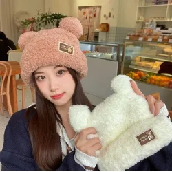 Women Solid Color Knitted Cute Bear Ears Wool Hat Plush Little Bear Wool Hat Metal Label Knitted Plush Thickened Ear Protect Hat