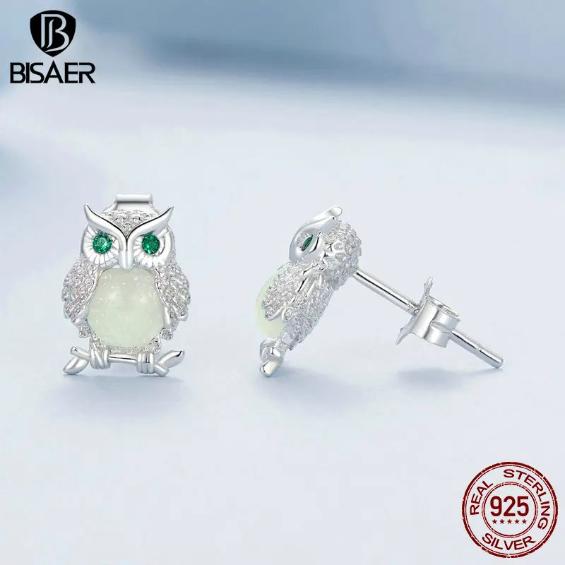 BISAER 925 Sterling Silver Luminous Night Owl Stud Earrings Cute Animal Ear Clip For Woman Original Plated Platinum Fine Jewelry