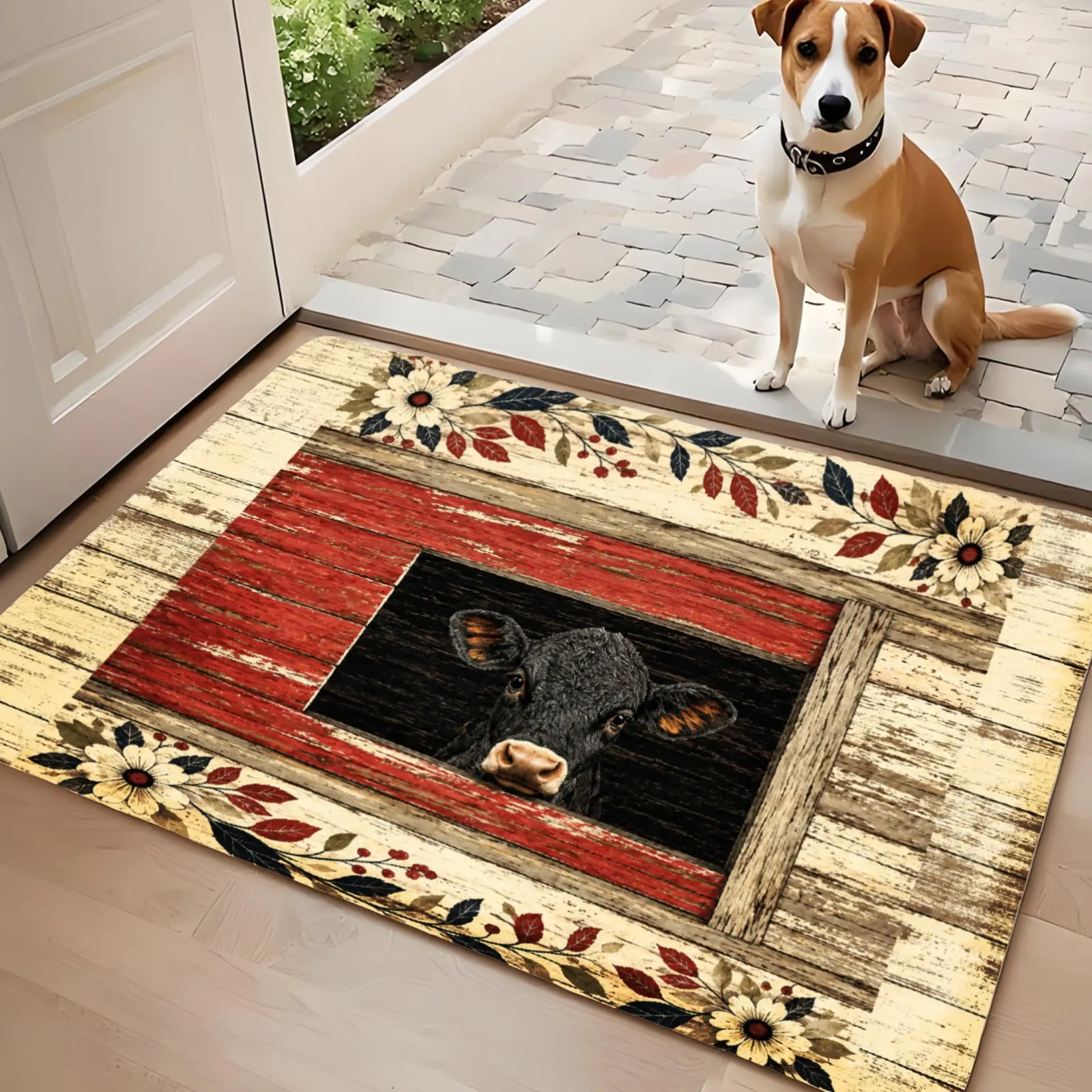 3PC Kitchen Rugs,Home Decoration for Front Door,Kitchen,Bathroom,Rustic Wood Frame With Red Center And Floral Border Dining Mat